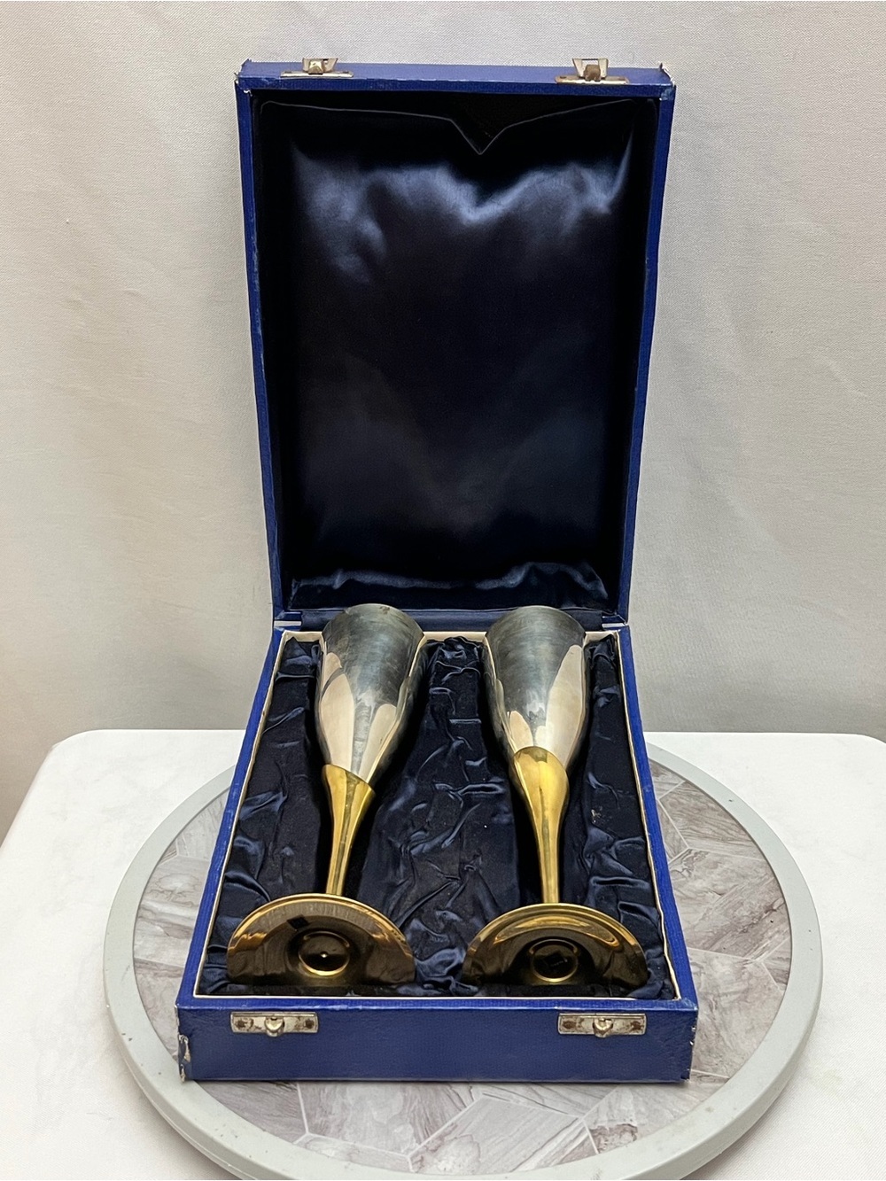 Vintage EPNS Champagne Flutes Pair Silver Gold Tone India Blue Case 10.5”